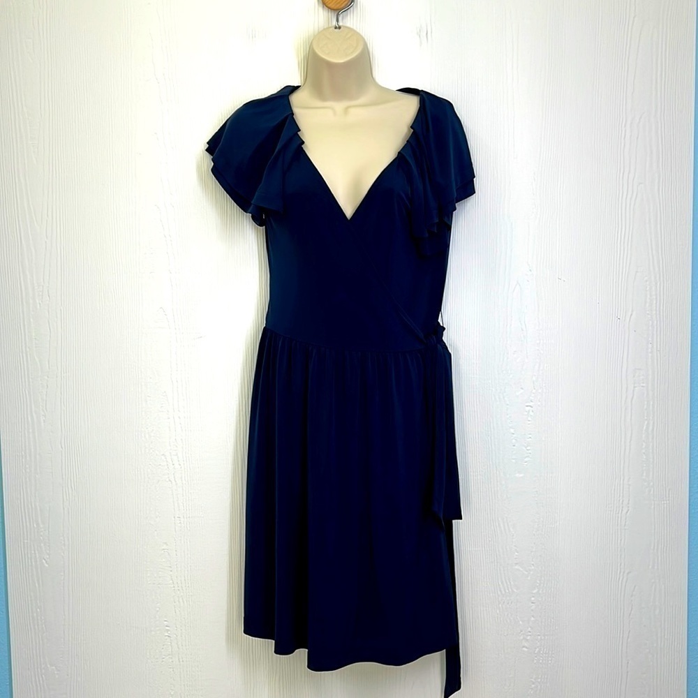 BCBGeneration - Navy Blue Stretch Wrap With Pleat Flutter Shoulders Dress Size M
